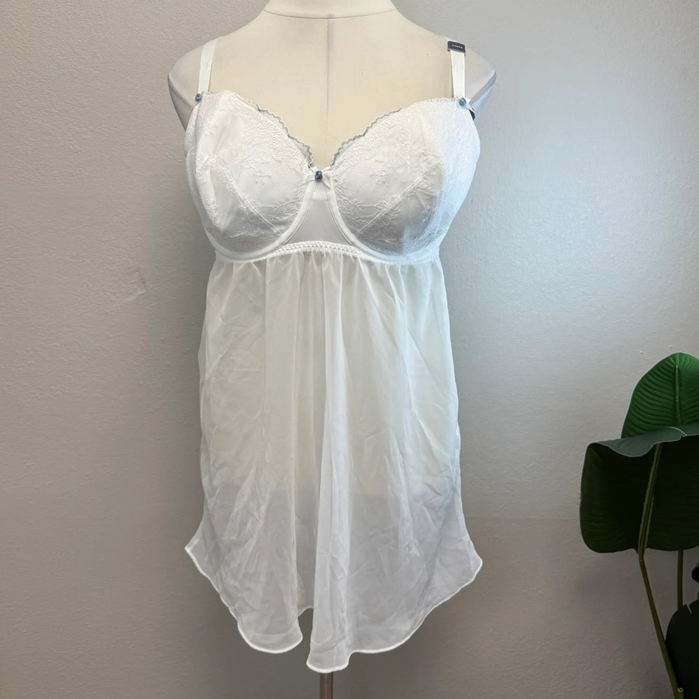 Cacique White Sheer Babydoll Top & G-String - New - Size 44DDD